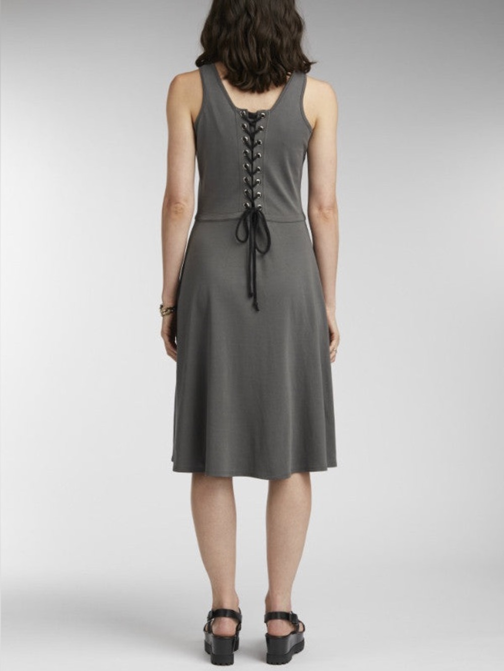 Indigenous Organic Cotton Dress Dark Gray V-Neck Minimalist Fair Trade Quality L - Picture 2 of 11